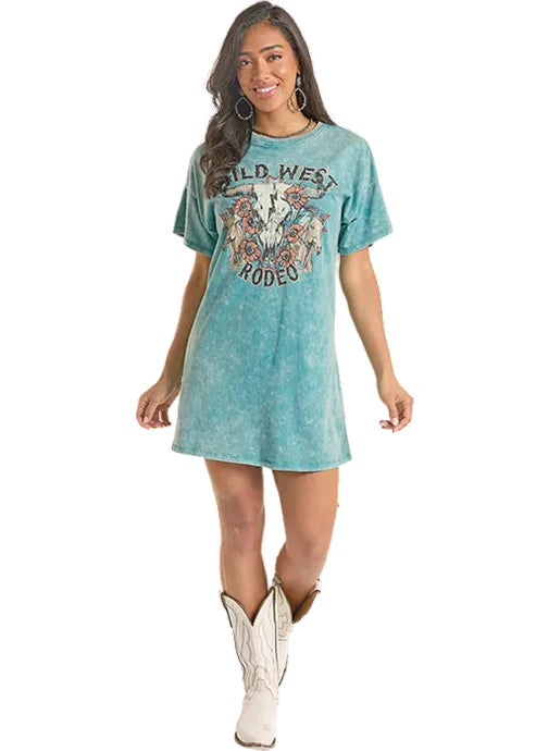 Rock & Roll Women's Teal Wild West Rodeo Graphic Dress Blue / S