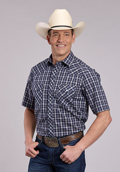 Roper Men's Blue/White Plaid Snap Short Sleeve Shirt