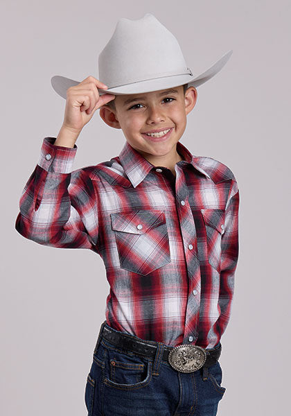 Roper Kid's Black/Red/White Plaid Snap Long Sleeve Shirt