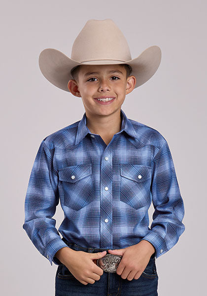 Roper Kid's Navey/Sky Blue Plaid Snap Short Sleeve Shirt