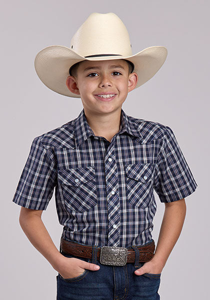 Roper Kid's Navy plaid Snap Short Sleeve Shirt