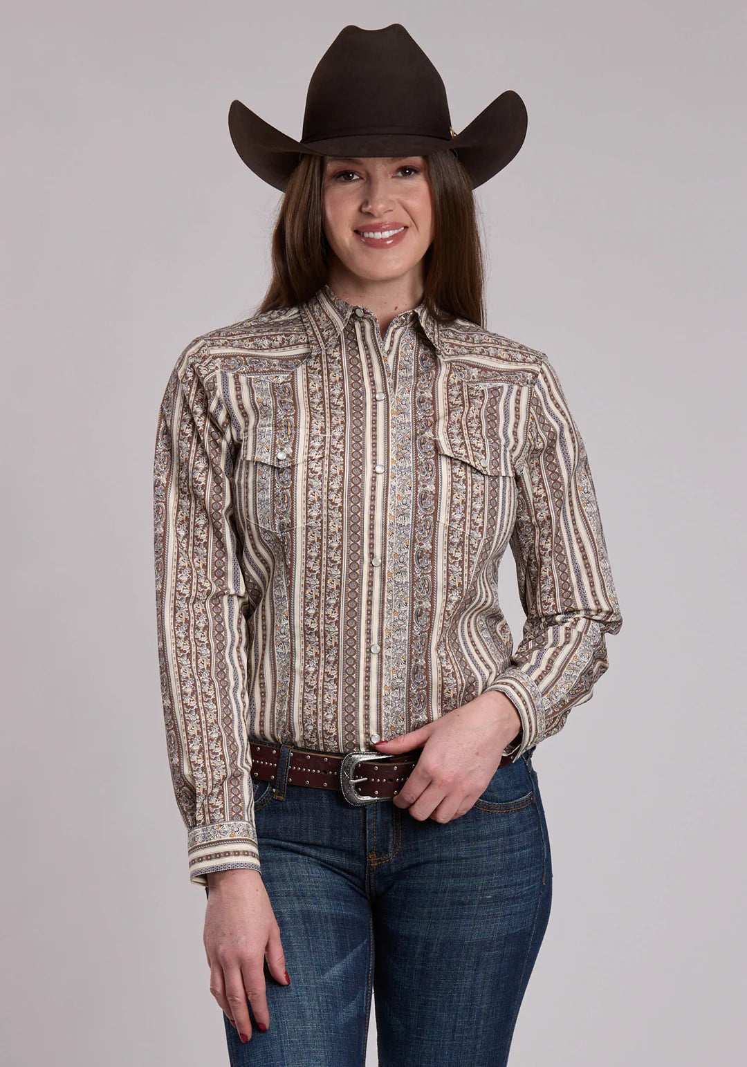 Roper Women's Grey Paisley Snap Up Long Sleeve Shirt