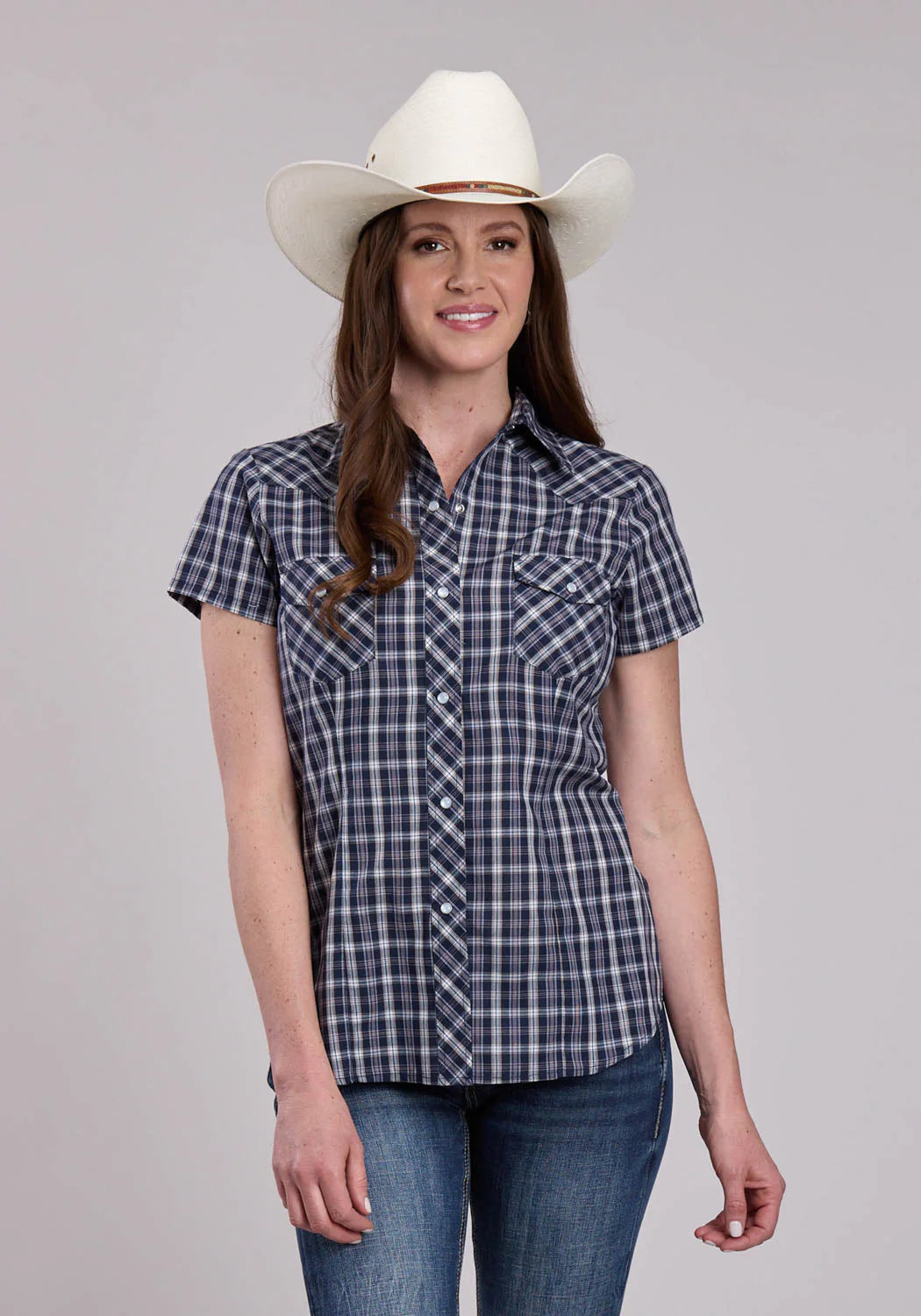 Roper Women's Navy Plaid Snap Short Sleeve Shirt