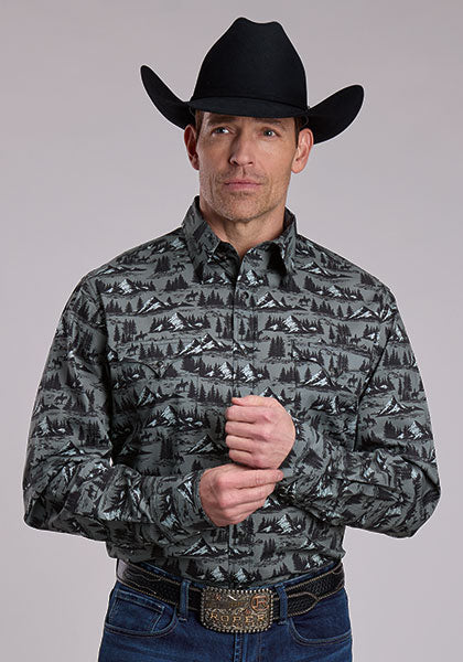 Roper Men's Grey Mountain Print Pearl Snap Long Sleeve Shirt