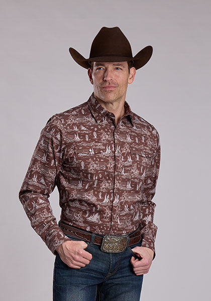 Roper Men's Brown Cowboy Print Pearl Snap Long Sleeve Shirt