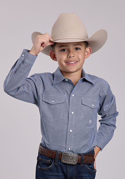 Roper Kid's Navy Stretch Minicheck Snap Long Sleeve Shirt
