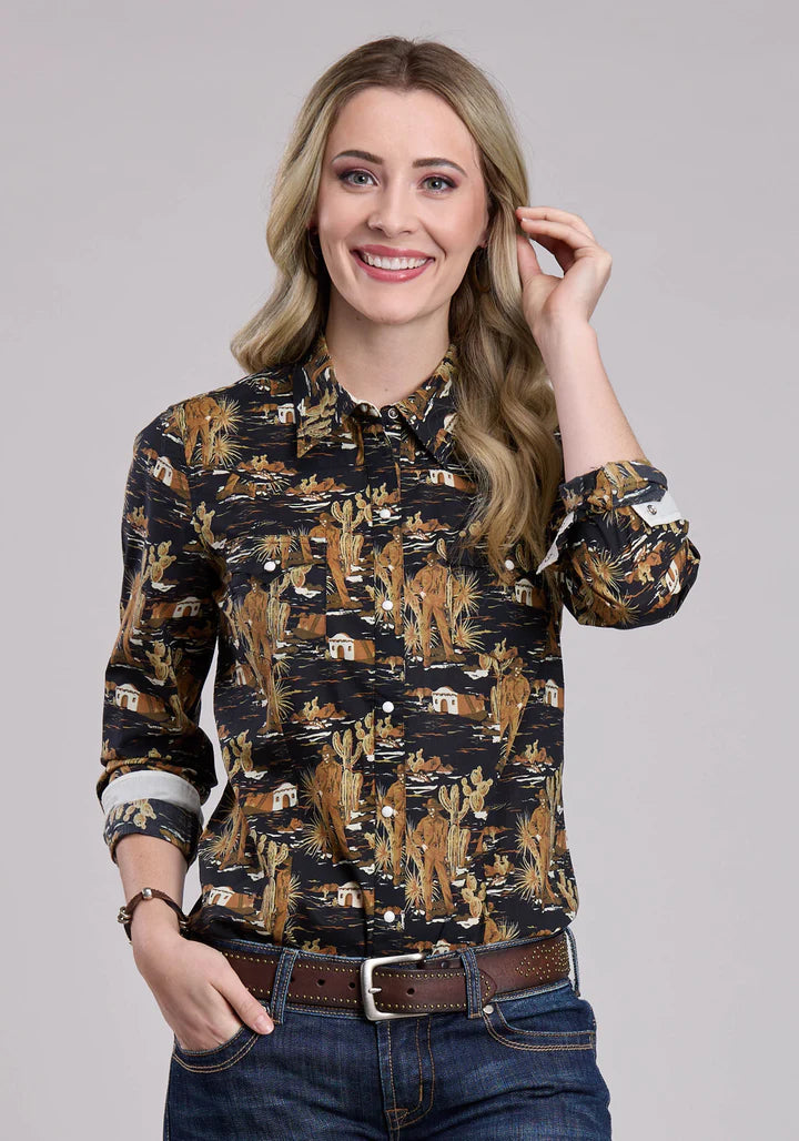 Tin Haul Women's Black Cowboy Print Snap Long Sleeve Shirt