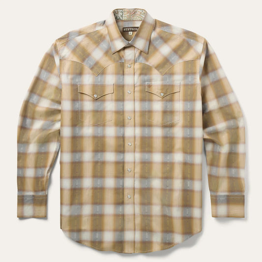 Stetson Men's Tan/Grey Plaid Snap Long Sleeve Shirt