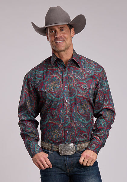 Stetson Men's Red Pearl Snap Lodge Paisley Long Sleeve Shirt
