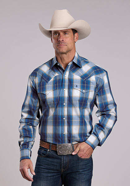 Stetson Men's Azure Ombre Plaid Snap Long Sleeve Shirt