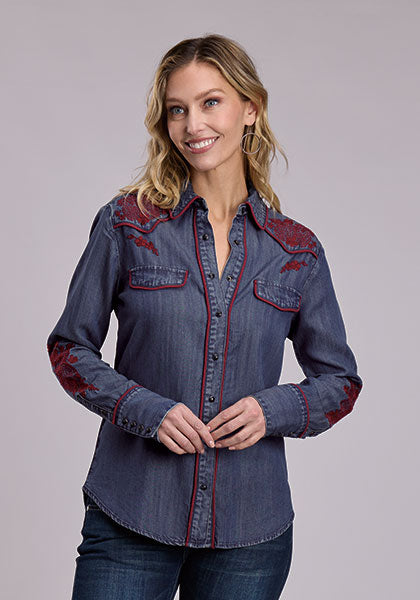 Stetson Women's Floral Denim Pearl Snap Long Sleeve Shirt
