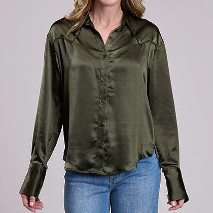 Stetson Women's Olive Satin Button Up Blouse