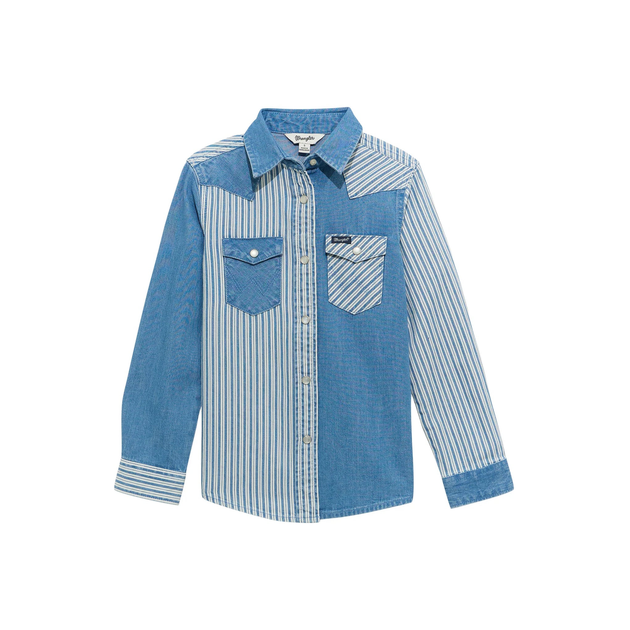 Wrangler Kid's Stripe/Solid Denim Snap Long Sleeve Shirt