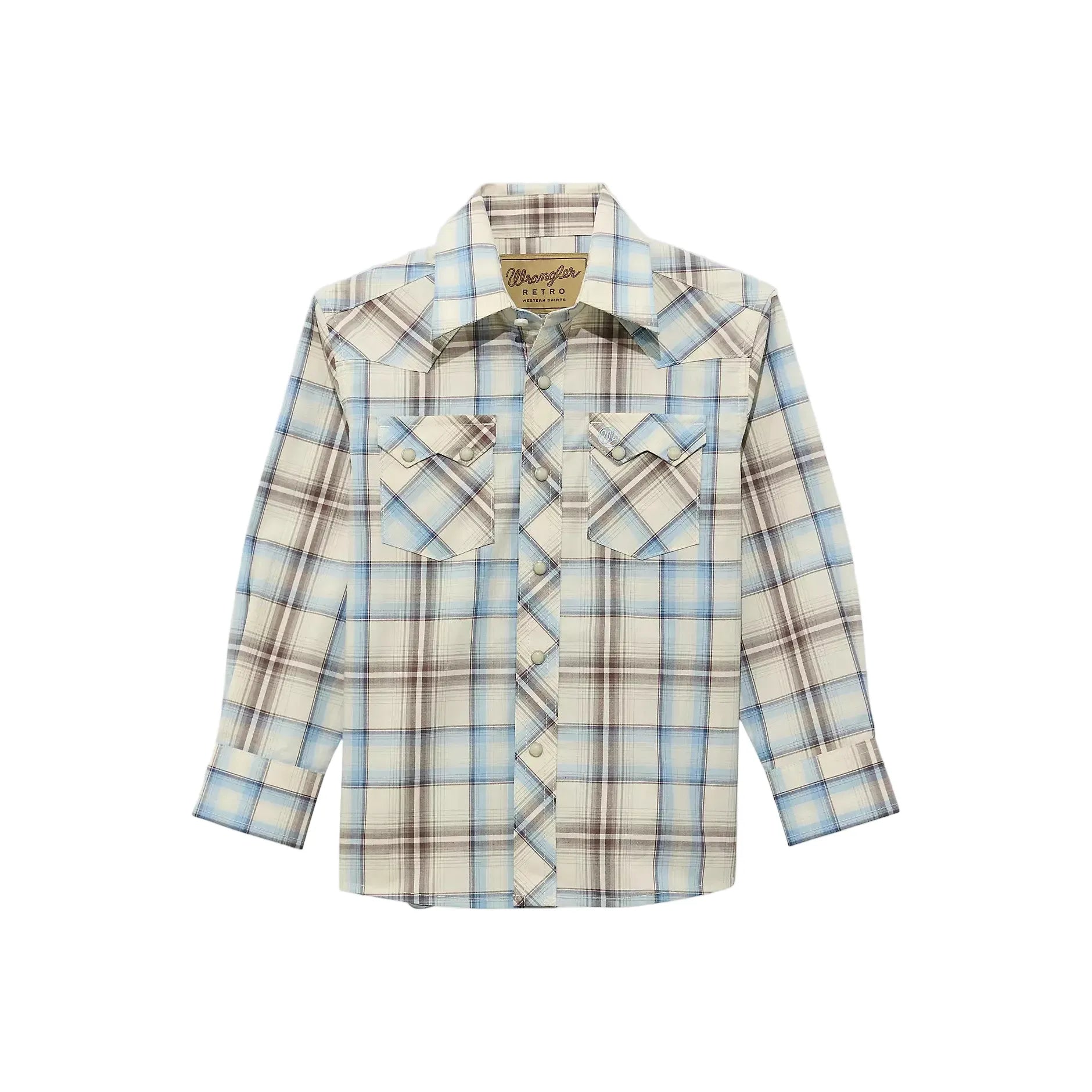 Wrangler Kid's Cream/Blue Plaid Snap Long Sleeve Shirt