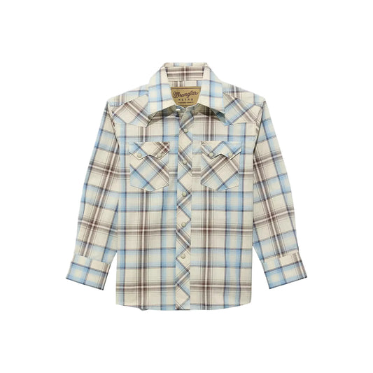 Wrangler Kid's Cream/Blue Plaid Snap Long Sleeve Shirt
