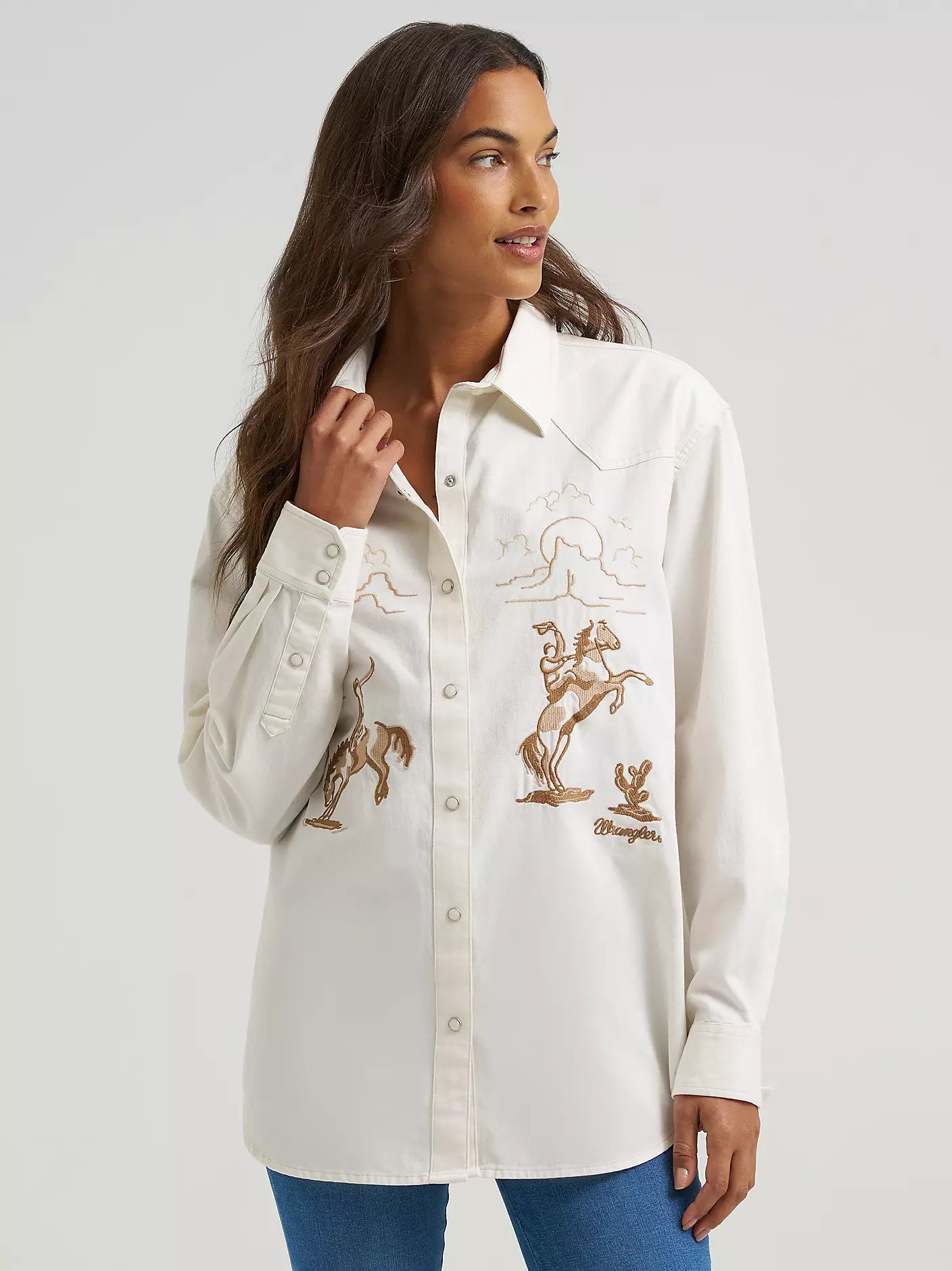 Wrangler Women's White Horse Snap Long Sleeve Shirt