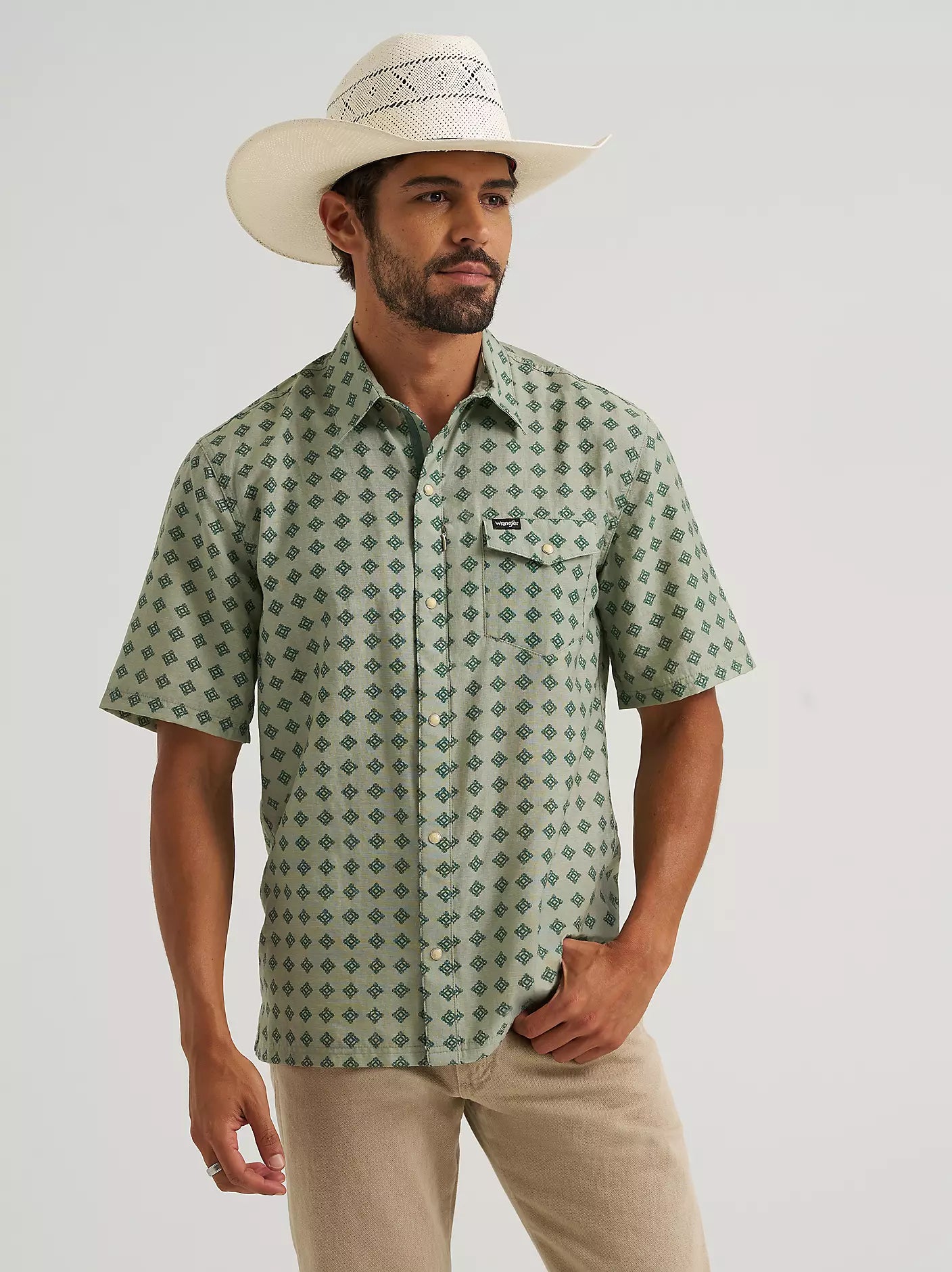 Wrangler Green ATG Geometric Print Snap Short Sleeve Shirt