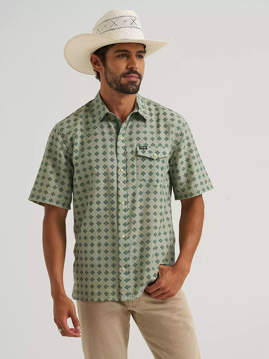 Wrangler Green ATG Geometric Print Snap Short Sleeve Shirt