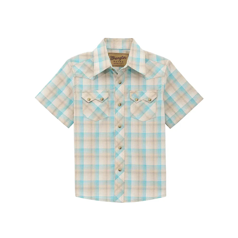 Wrangler Kid's Light Blue/Brown Plaid Snap Short Sleeve Shirt