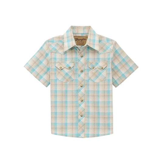 Wrangler Kid's Light Blue/Brown Plaid Snap Short Sleeve Shirt