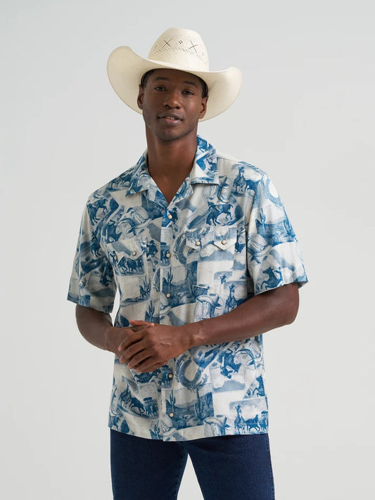 Wrangler Men's White/Blue Coconut Cowboy Western Print Snap Short Sleeve Shirt