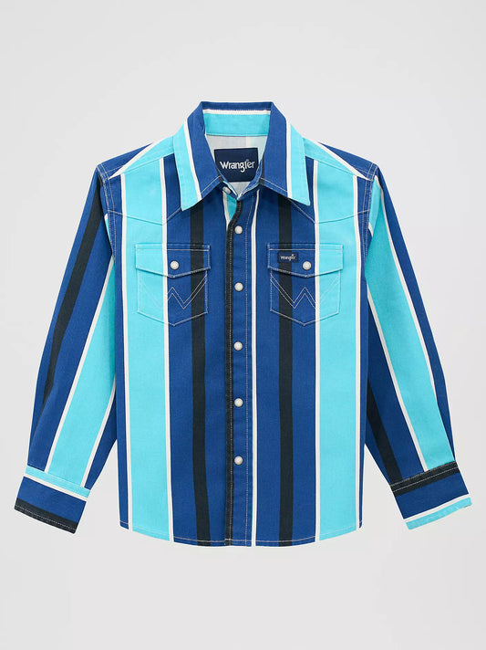 Wrangler Kid's Dark/Light Blue Brushpopper Snap Long Sleeve Shirt