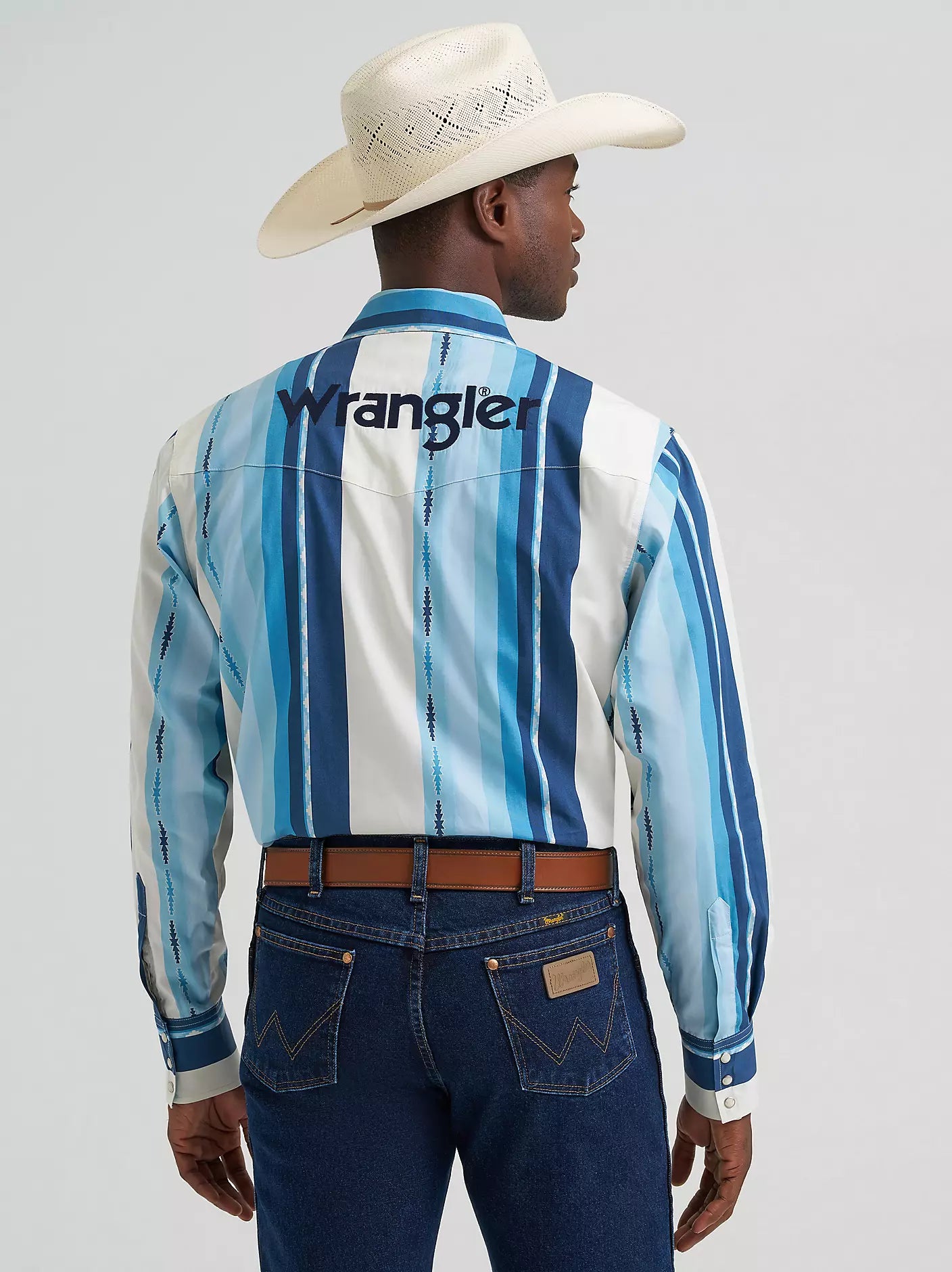 Wrangler White/Blue Stripe Snap Long Sleeve Shirt