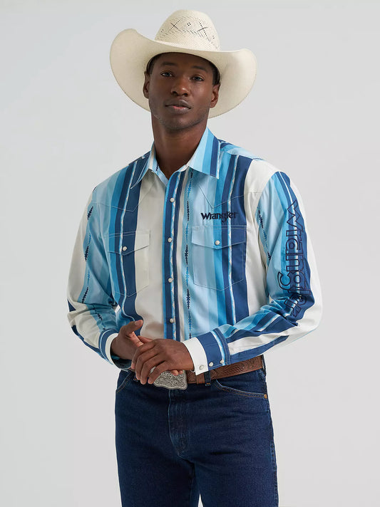 Wrangler White/Blue Stripe Snap Long Sleeve Shirt