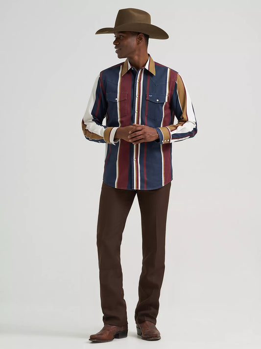 Wrangler Men's Navy/Maroon/White Strip Brushpopper Snap Long Sleeve Shirt