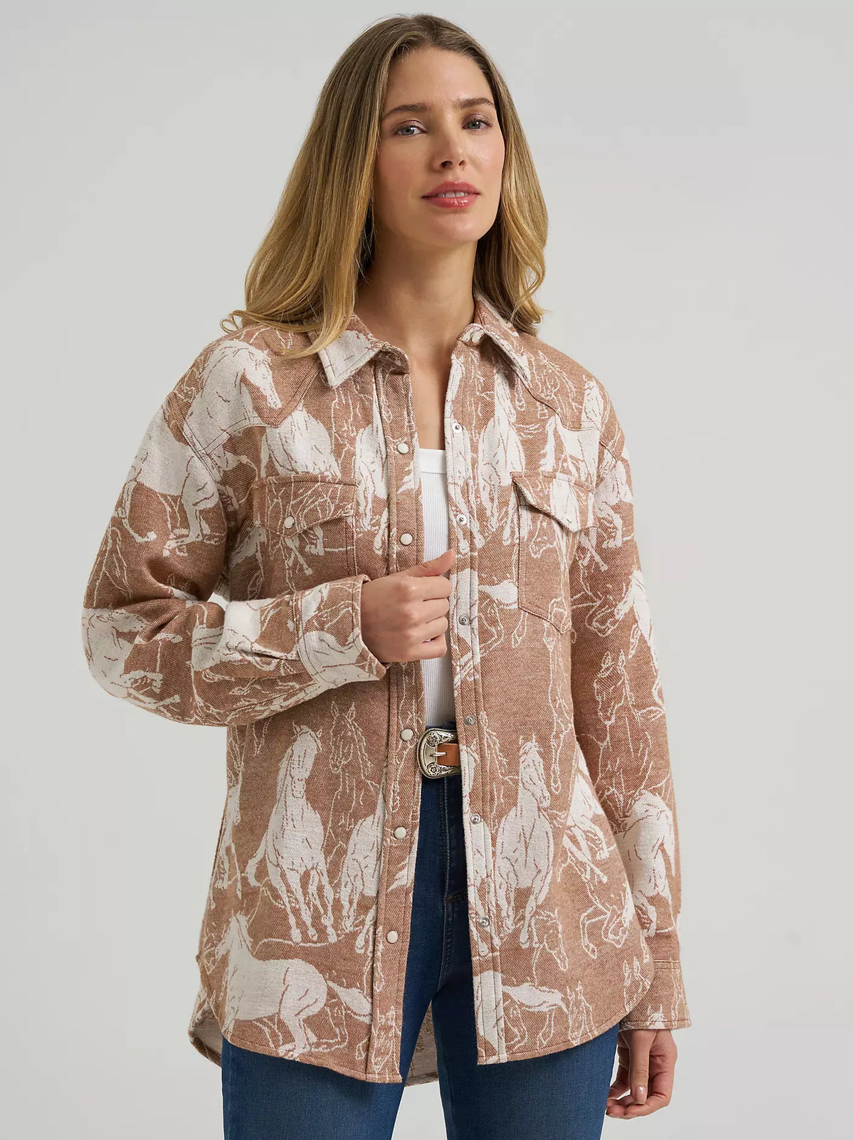 Wrangler Women's Brown Retro Vintage Jacquard Boyfriend Snap Long Sleeve Jacket