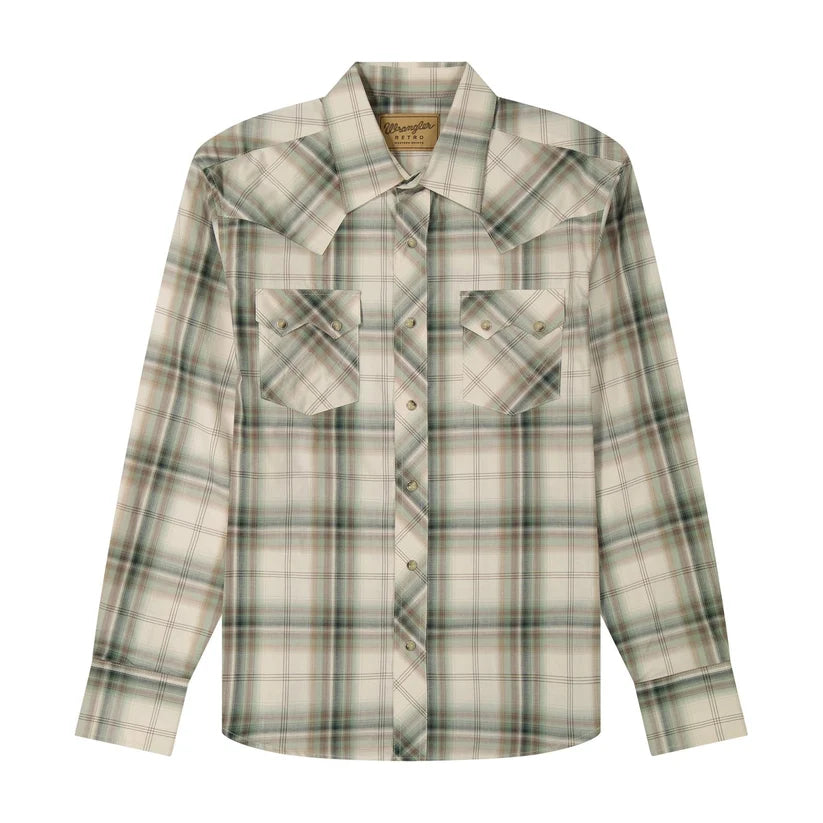 Wrangler Men's Retro Green Plaid Pearl Snap Long Sleeve Shirt