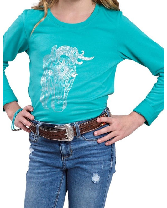 Roper Girl's Blue Horse Long Sleeve Shirt