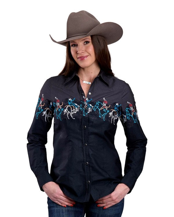 Roper Women's Black Bucking Print Snap Long Sleeve Shirt