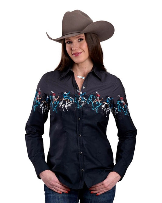 Roper Women's Black Bucking Print Snap Long Sleeve Shirt
