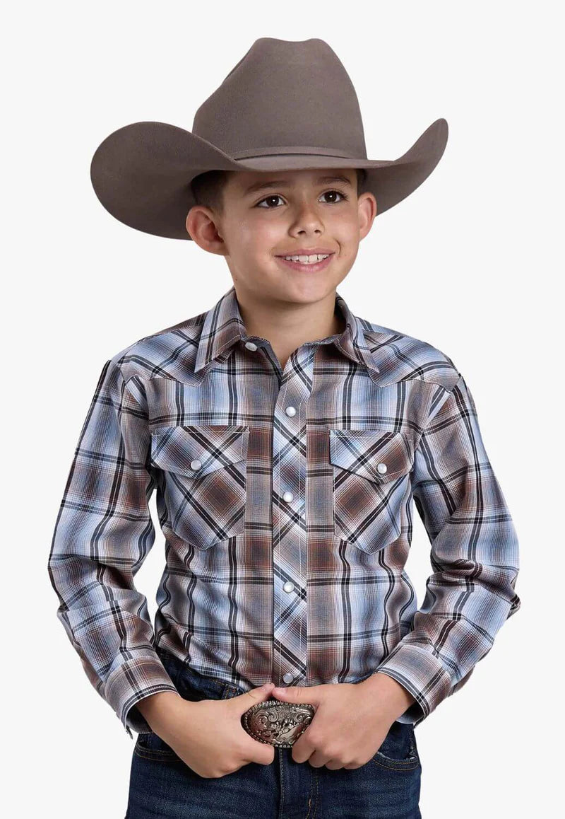 Roper Kid's Brown/Blue Plaid Long Sleeve Shirt