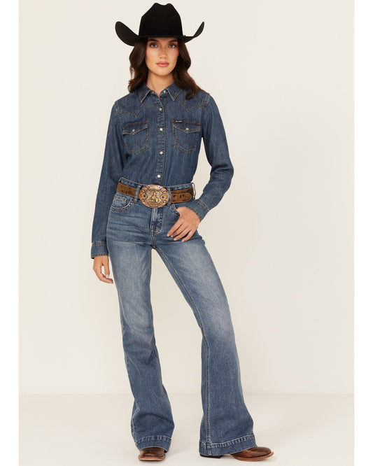 R&R Women's Medium Wash Signature EMB High Rise Trouser