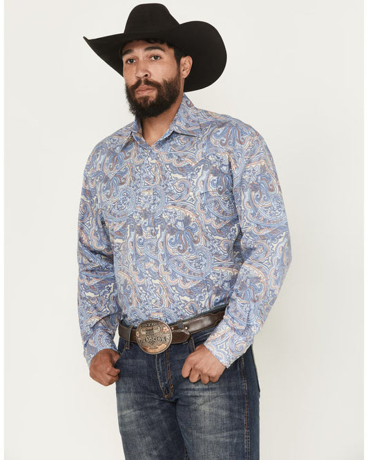 Stetson Men's Blue/White Paisley Snap Long Sleeve Shirt
