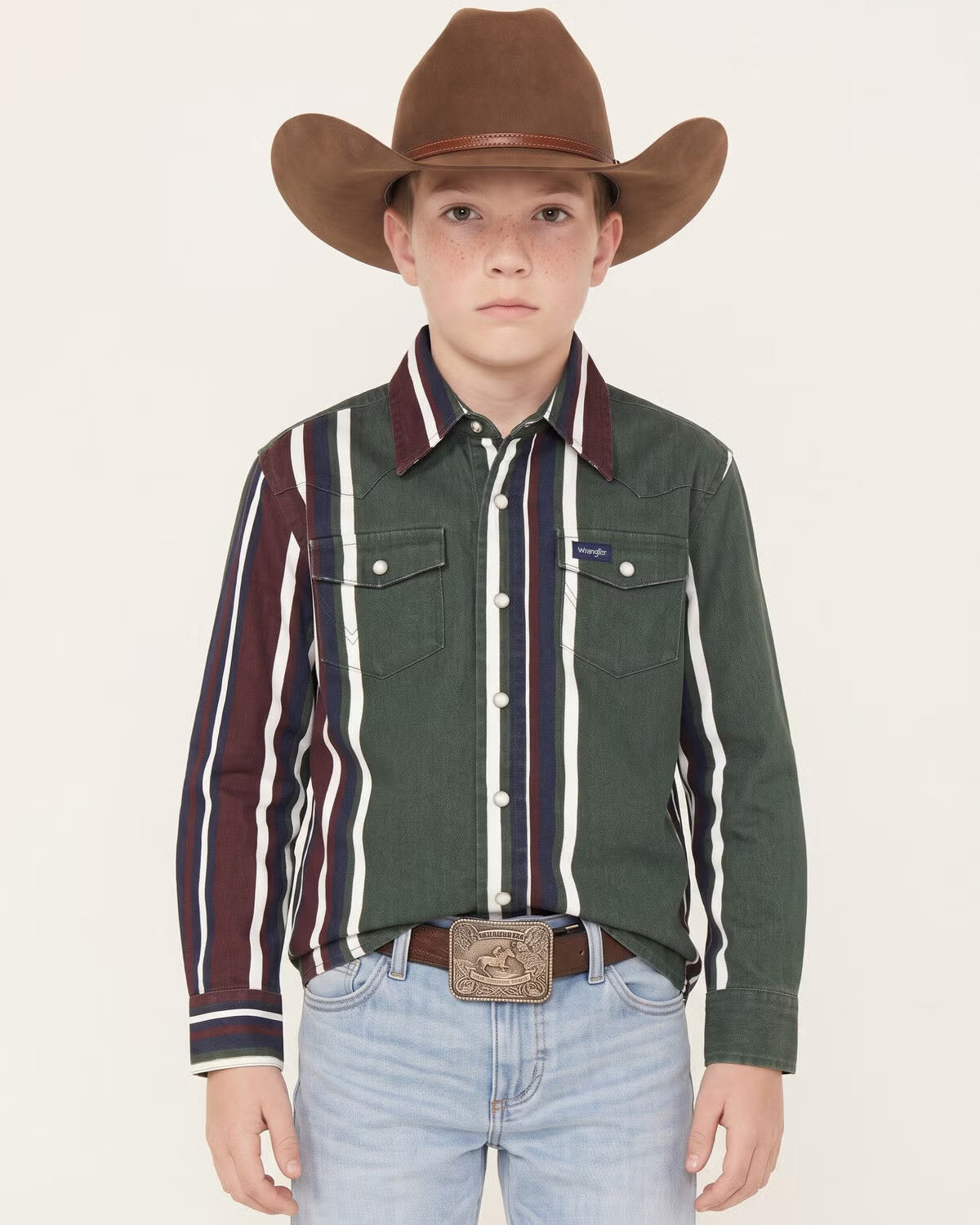 Wrangler Kid's Green Multi Stripe Vintage Brushpopper Snap Long Sleeve Shirt