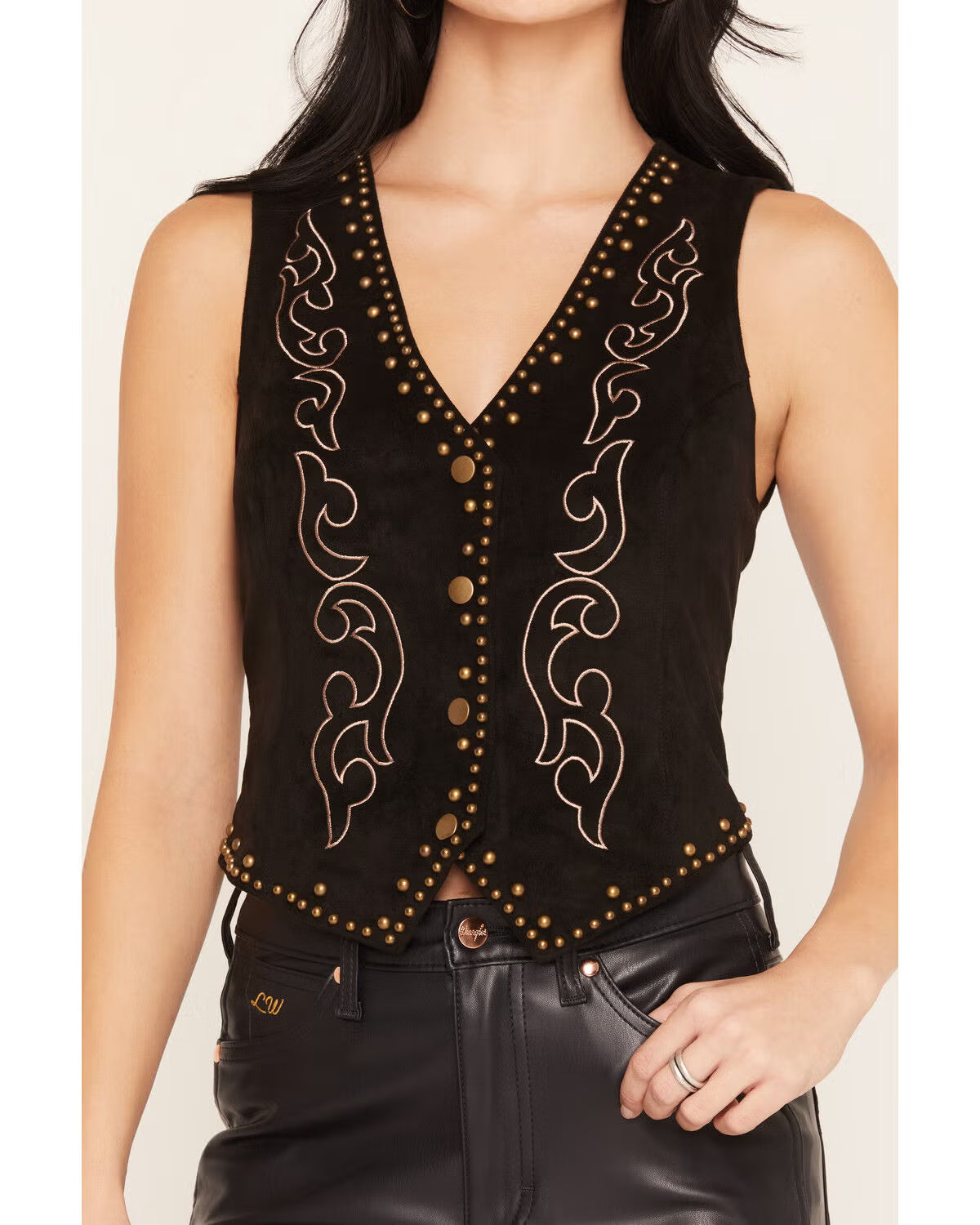 Rock & Roll Women's Suede Black Embroidered Vest
