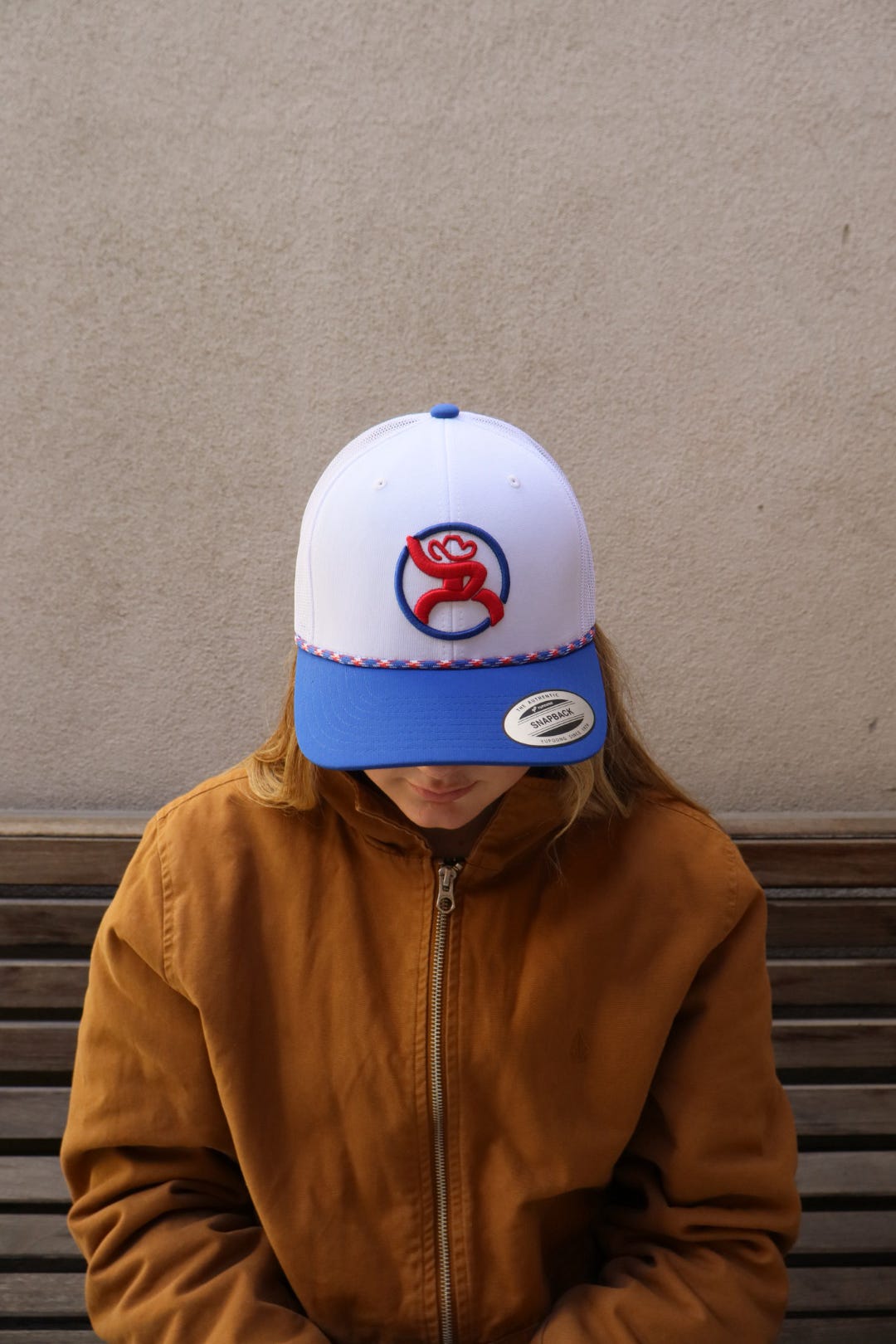 "Strap" Roughy Hat White w/Red & Blue Patch