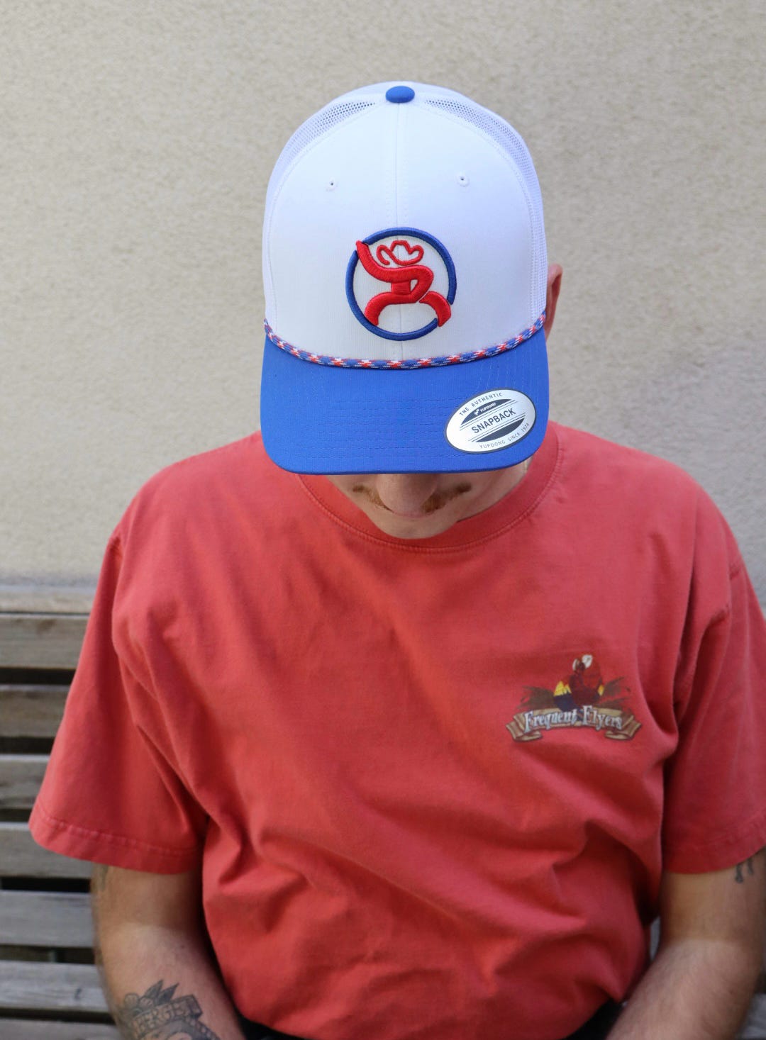 "Strap" Roughy Hat White w/Red & Blue Patch
