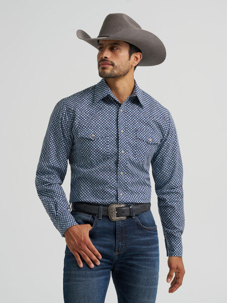 Men's Wrangler Blue 20X Dice Pearl Snap Long Sleeve Shirt