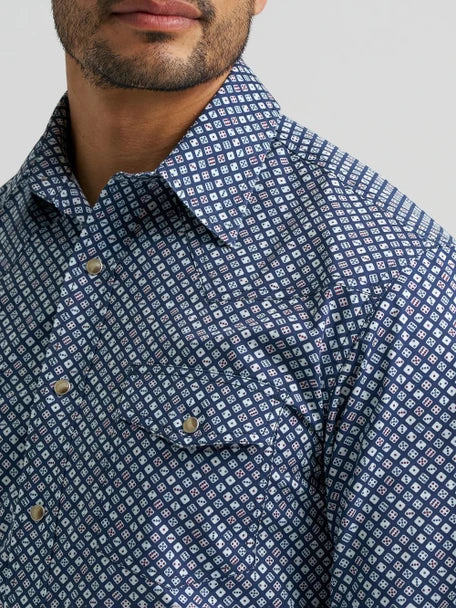 Men's Wrangler Blue 20X Dice Pearl Snap Long Sleeve Shirt