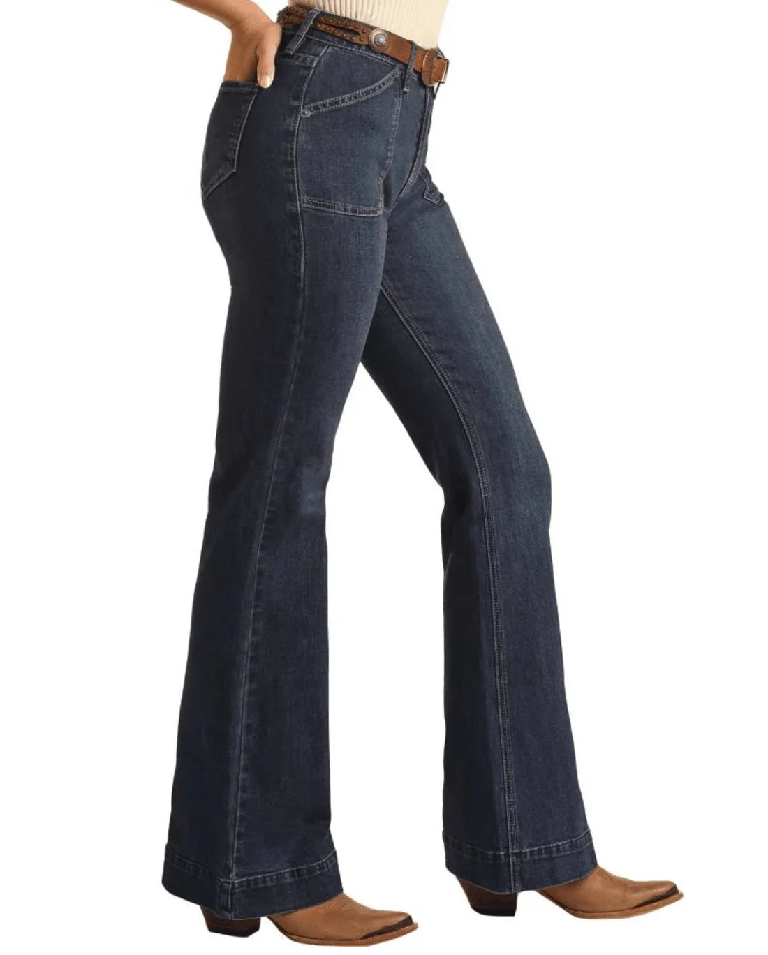 R&R Women's Dark Wash Front Patch PKT High Rise Trouser Pant