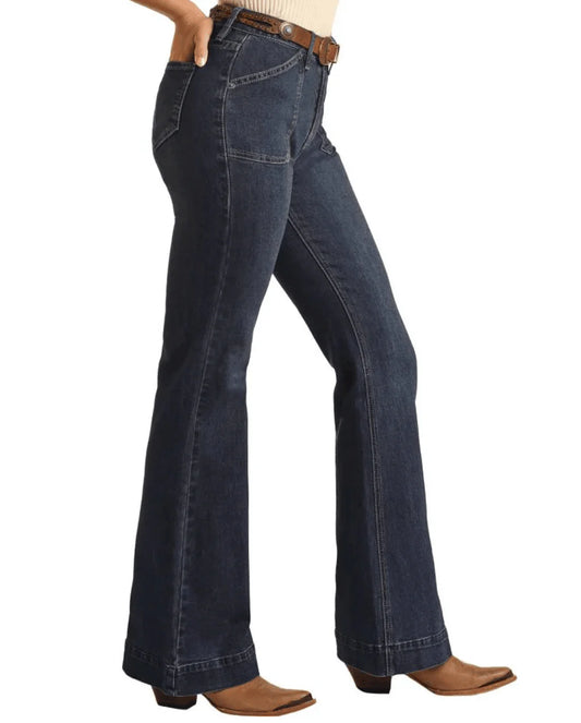 R&R Women's Dark Wash Front Patch PKT High Rise Trouser Pant
