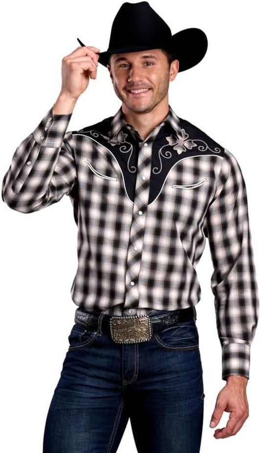 Roper Men's Fancy Applique Black Plaid Snap Long Sleeve Shirt