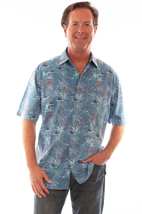 Scully Blue Palm Tree Short Sleeve Button Up Shirt