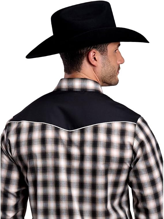 Roper Men's Fancy Applique Black Plaid Snap Long Sleeve Shirt
