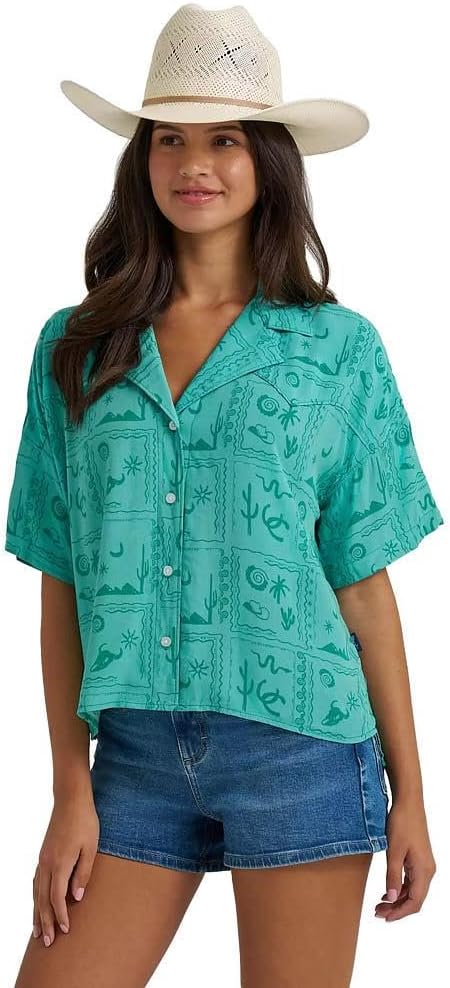 Wrangler Women's Green Retro Western Print Camp Shirt