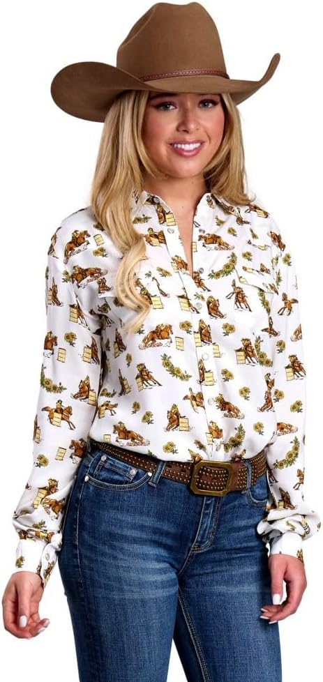 Roper Women's White Barrel Race Snap Long Sleeve Shirt